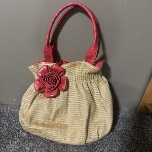 Vintage 90s Straw Bag with Faux Leather Trim by Bueno Red Flower